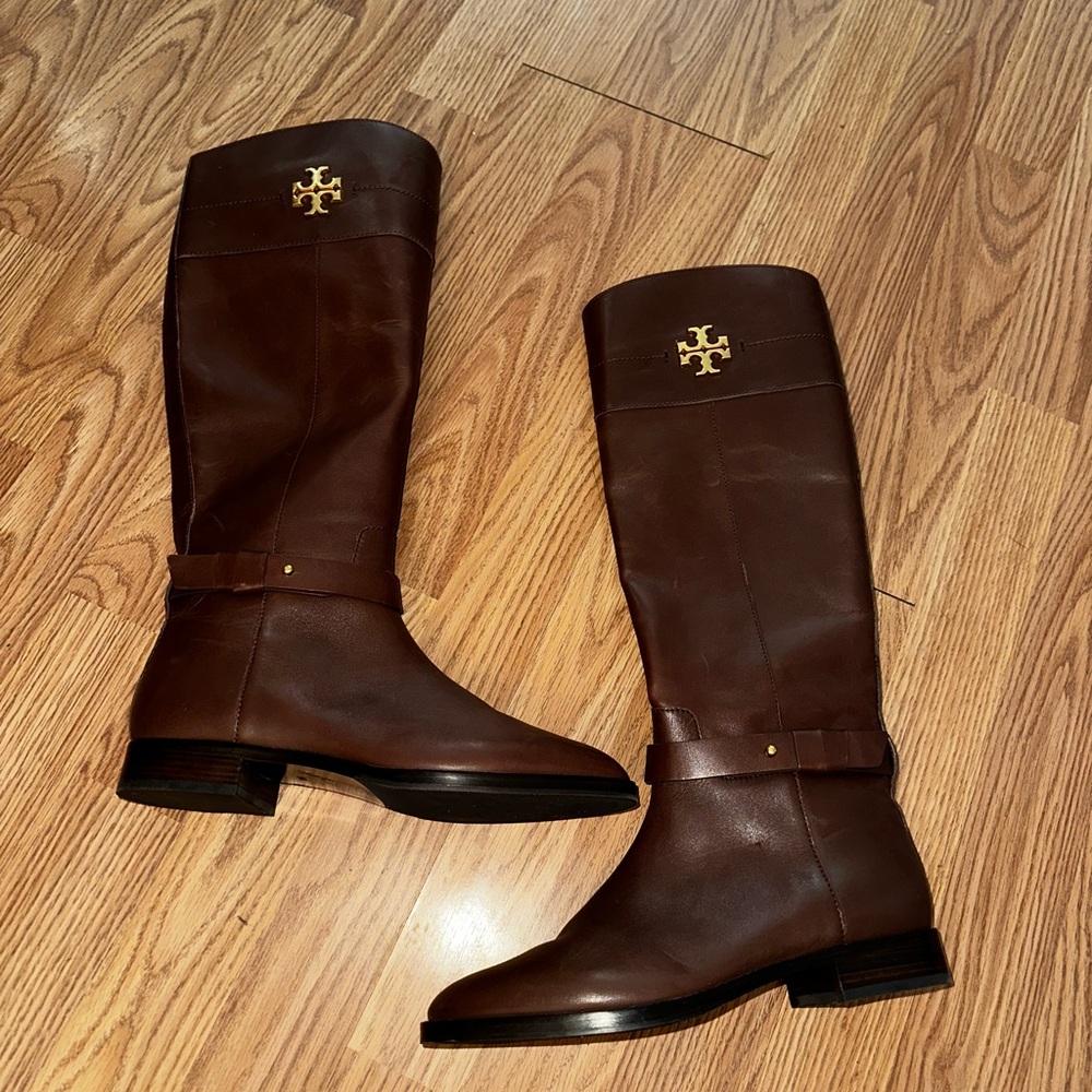 Tory Burch Almond Leather Riding Boots with Gold Emblem